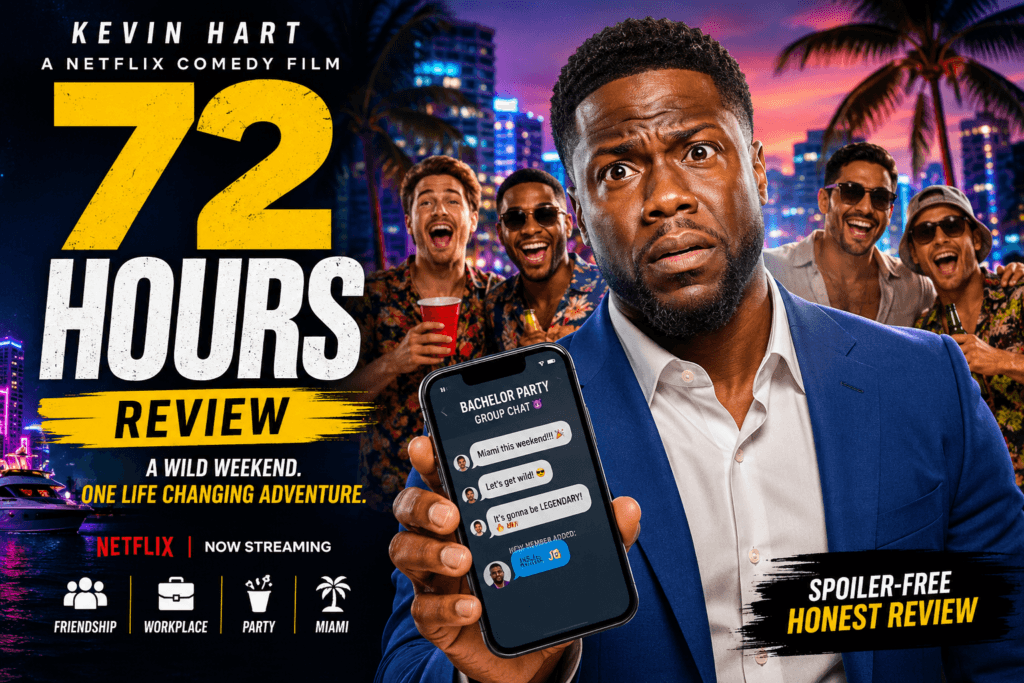 Editorial-style featured image for the 72 Hours review featuring a businessman caught in a chaotic Miami bachelor-party adventure inspired by Netflix's comedy film.