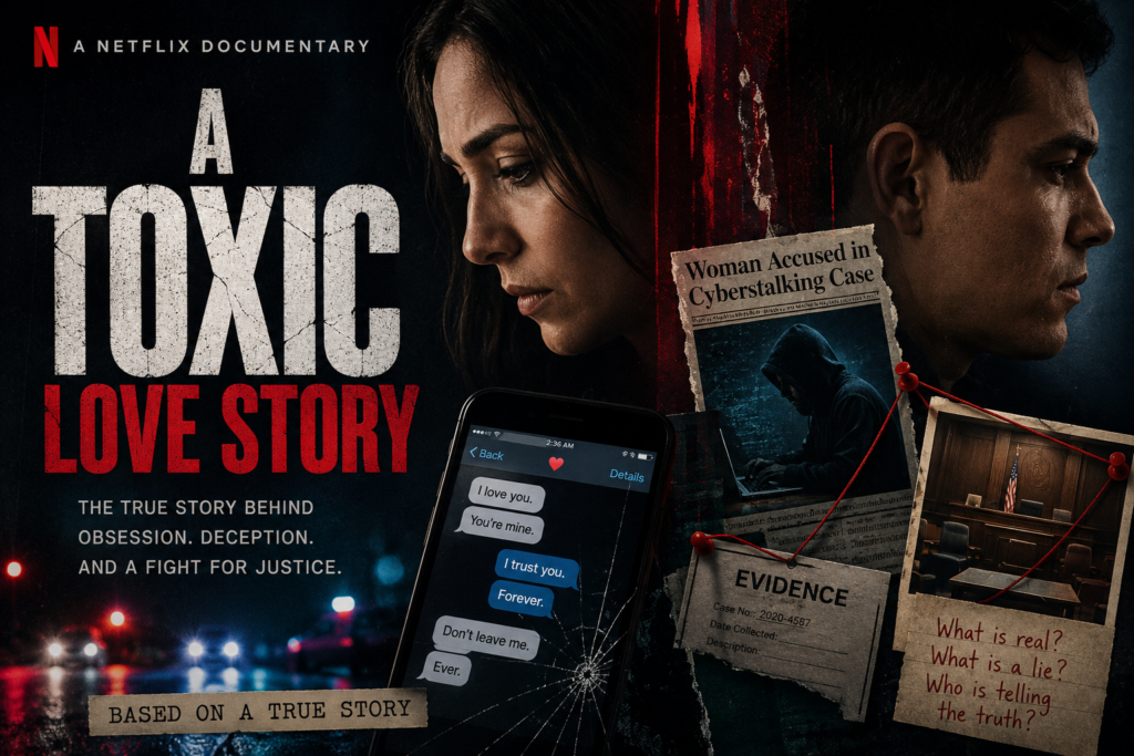 A cinematic editorial illustration showing an investigation board, digital evidence, smartphone, legal documents, and anonymous figures representing the true crime documentary A Toxic Love Story.