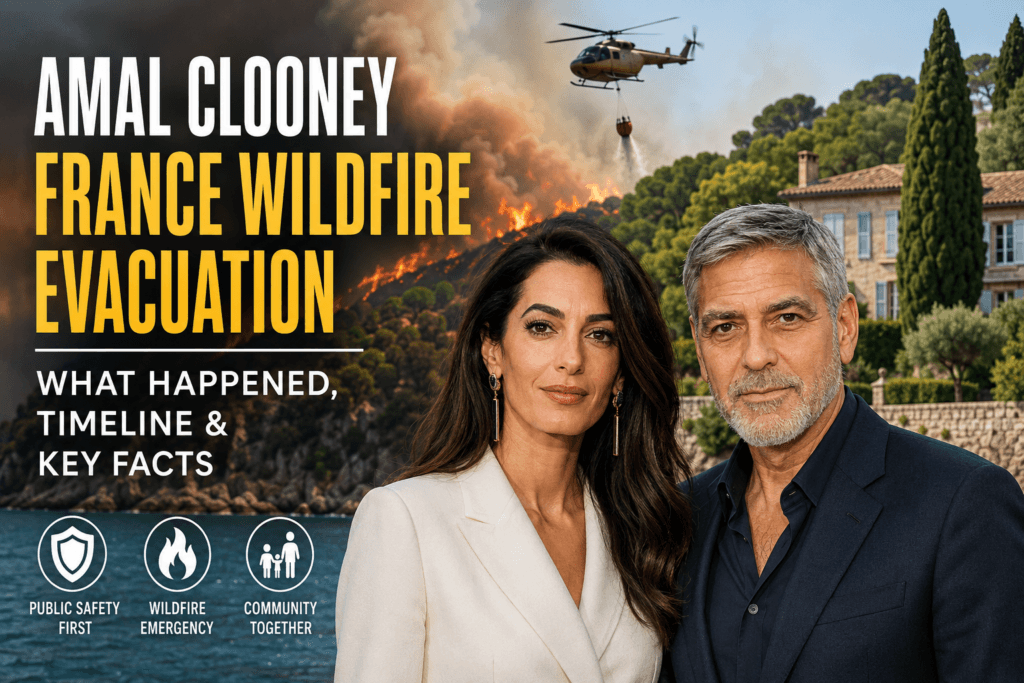 Amal Clooney during news coverage related to the France wildfire evacuation in 2026.