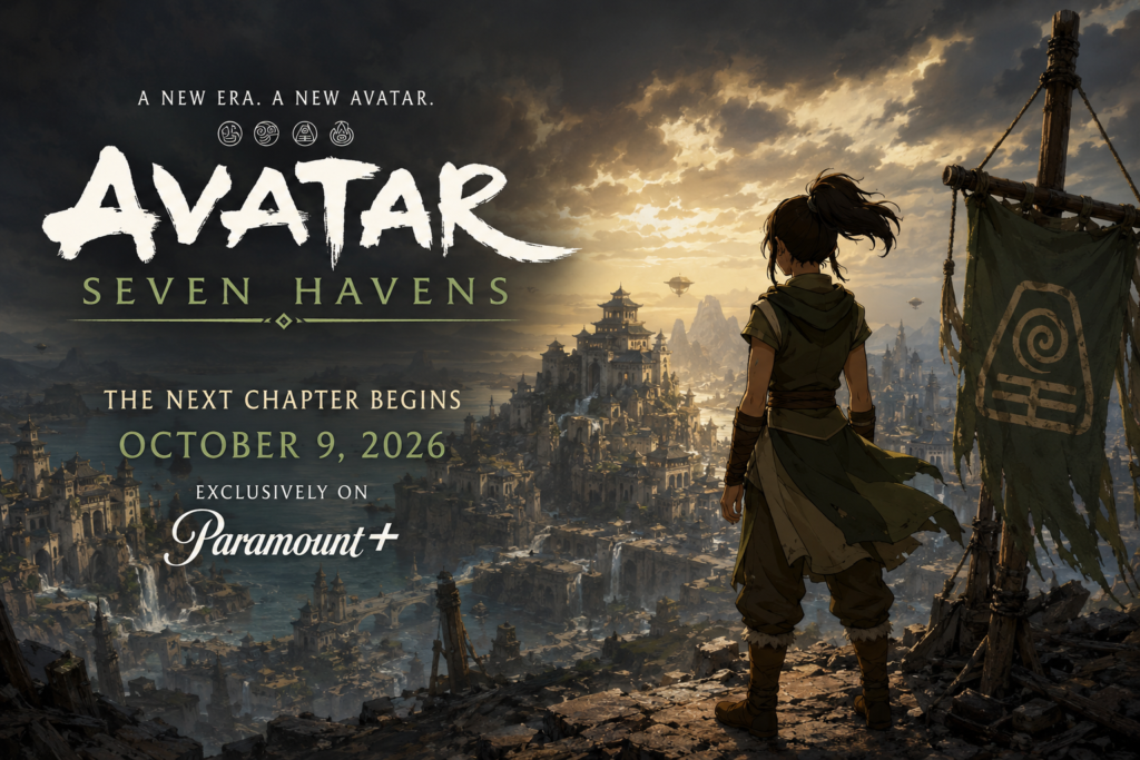 Pavi, the new Avatar in Avatar Seven Havens, standing in a post-cataclysm world with the Seven Havens in the background.