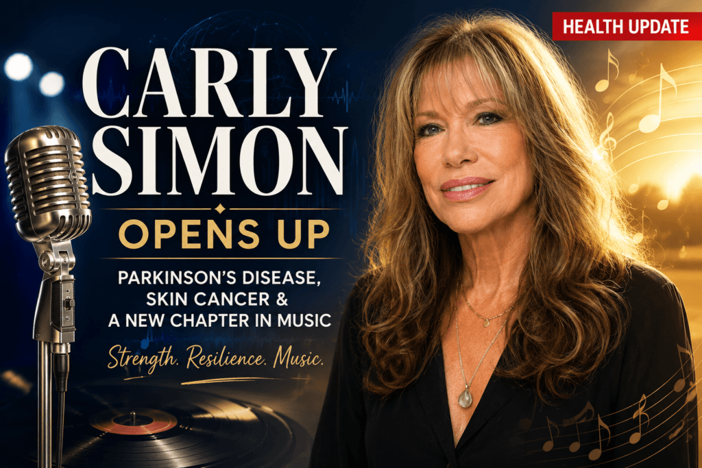 Editorial illustration representing Carly Simon's health update with symbolic music elements, resilience, and hope.