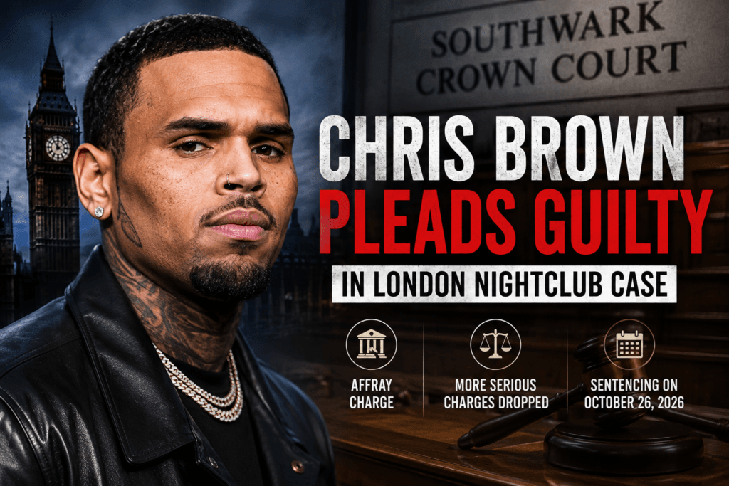 Chris Brown editorial illustration with London courtroom background representing his guilty plea in the London nightclub case