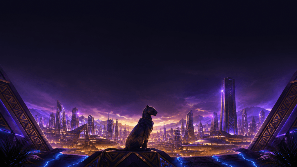 Original futuristic Wakanda-inspired cityscape with a panther-inspired guardian statue, glowing purple and gold skyline, and cinematic lighting representing David Jonsson's Black Panther 3 announcement.