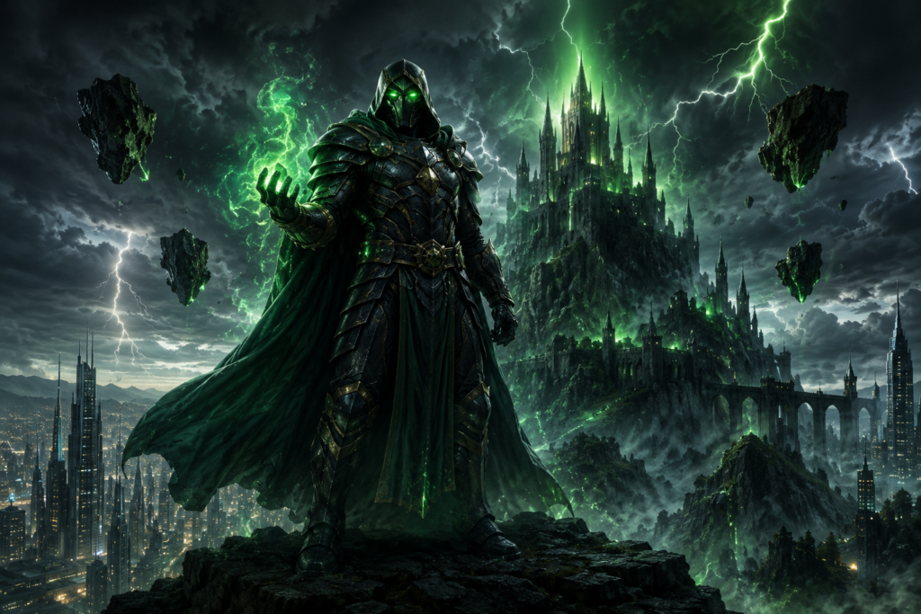 Doctor Doom inspired original dark fantasy armored ruler with green mystical energy and gothic castle