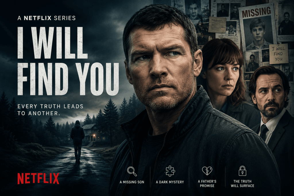 I Will Find You Netflix thriller poster featuring Sam Worthington and the mystery surrounding the series