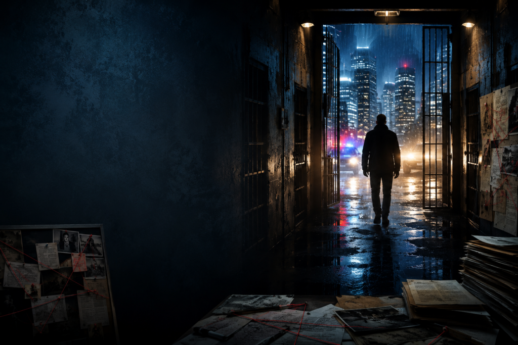 Original cinematic editorial artwork inspired by I Will Find You, showing an anonymous silhouette walking through a dark prison corridor toward a rainy city skyline with investigation board and police lights.