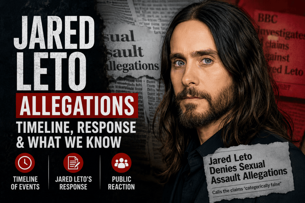 Editorial image of Jared Leto illustrating news coverage about reported allegations, his public denial, timeline of events, and public reaction in 2026.
