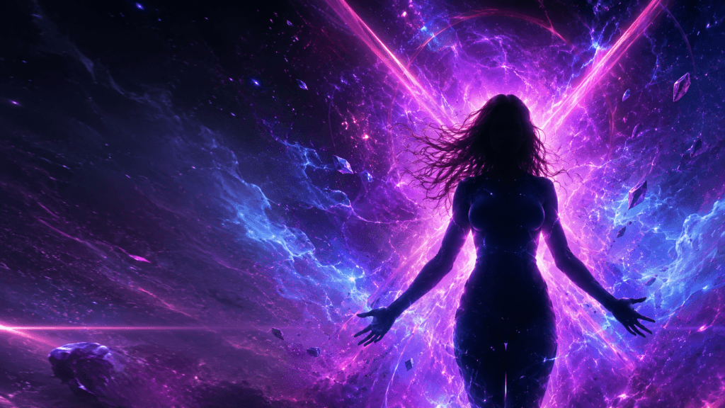 Abstract editorial artwork representing Jean Grey with cosmic psychic energy inspired by Marvel's X-Men universe.
