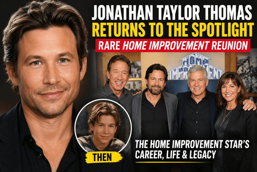 Jonathan Taylor Thomas featured in a magazine-style illustration alongside a Home Improvement reunion theme, celebrating his rare public appearance and television legacy.