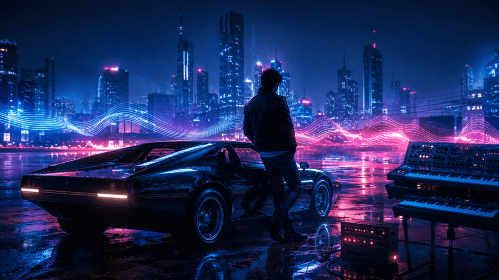 Portrait-style artwork inspired by French electronic musician Kavinsky with neon synthwave atmosphere