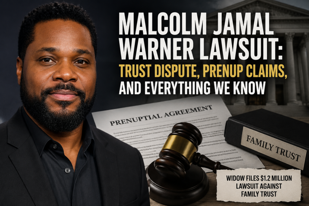 Malcolm Jamal Warner lawsuit featured image showing a courthouse, legal documents, gavel, and symbolic trust dispute illustration.