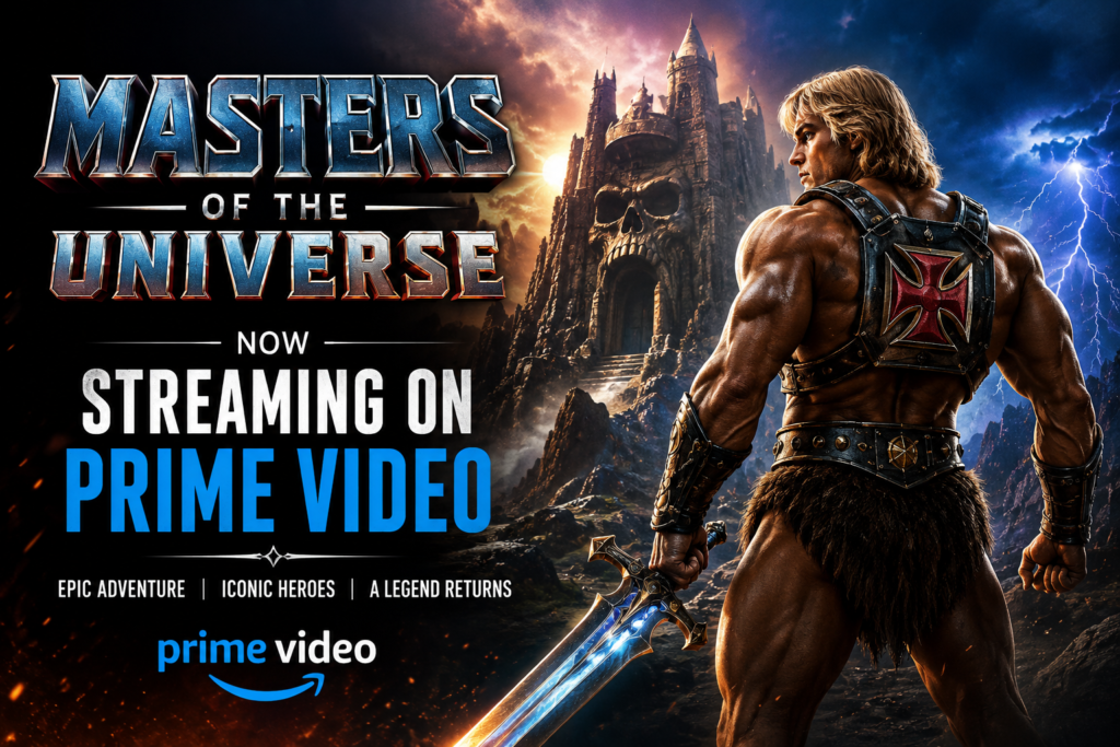 Epic fantasy warrior facing a skull-shaped castle in a dramatic landscape for a Masters of the Universe streaming news featured image.