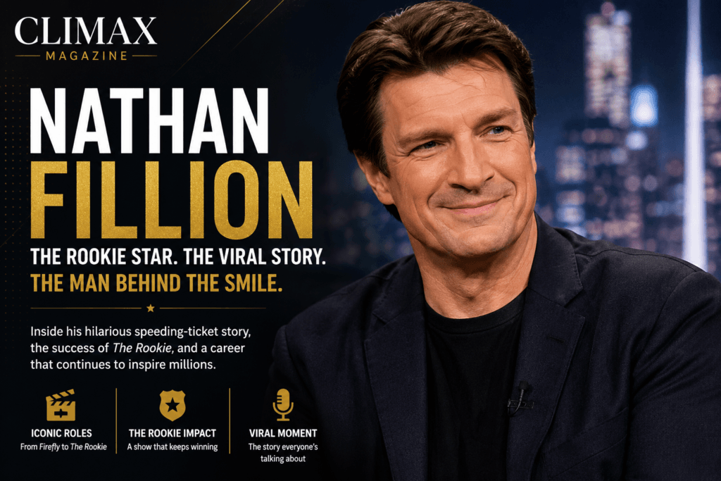 Nathan Fillion speaking during a public event while discussing his recent viral story and The Rookie.