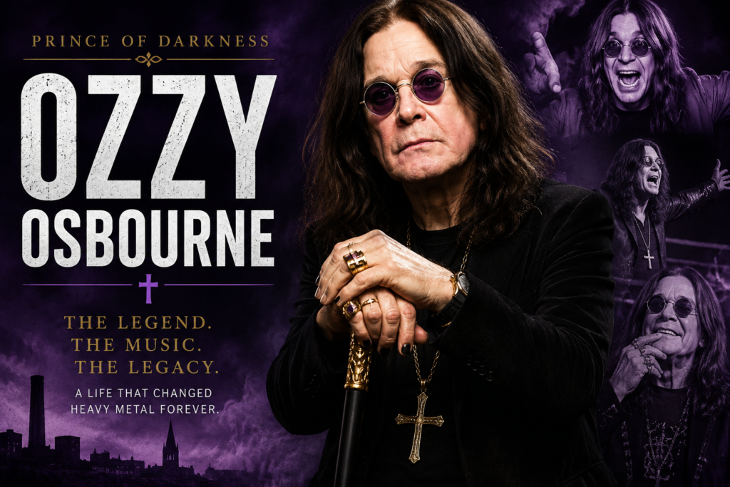 Editorial tribute image of Ozzy Osbourne highlighting his life, Black Sabbath career, solo success, and lasting heavy metal legacy.