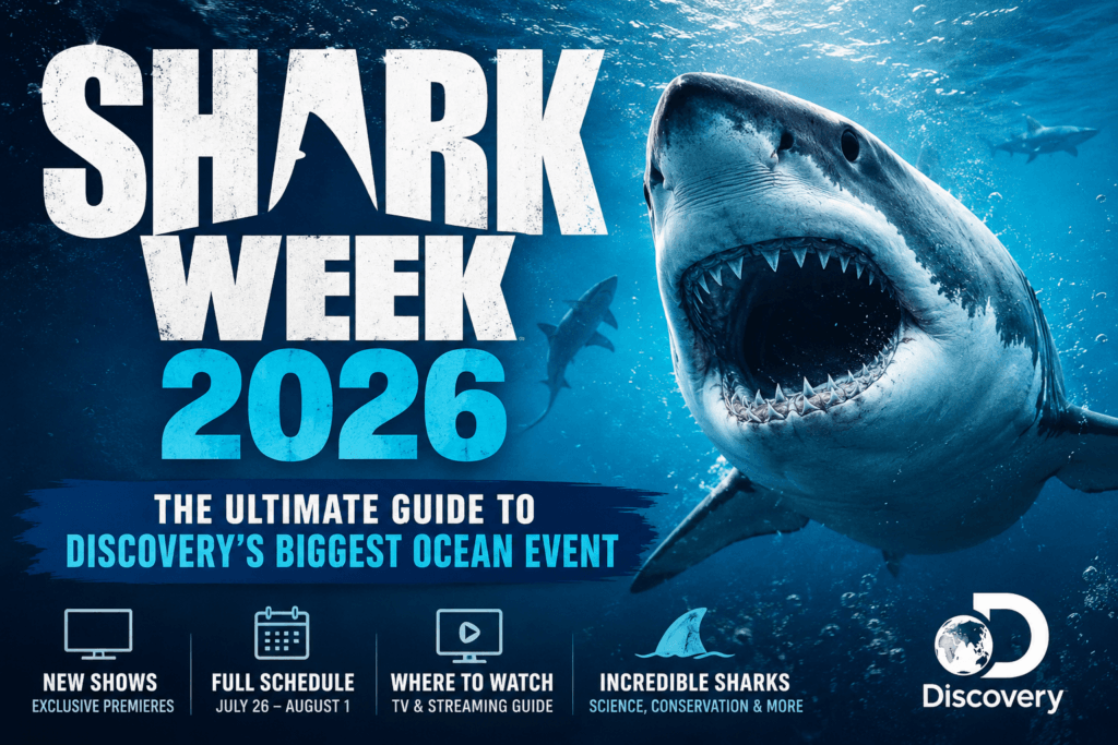 Shark Week 2026 featured image showing a great white shark underwater with Discovery's annual ocean event title