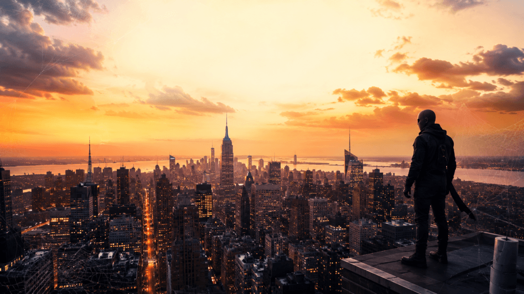Spider-Man Brand New Day movie review featuring a spider-themed superhero swinging across New York City at sunset.