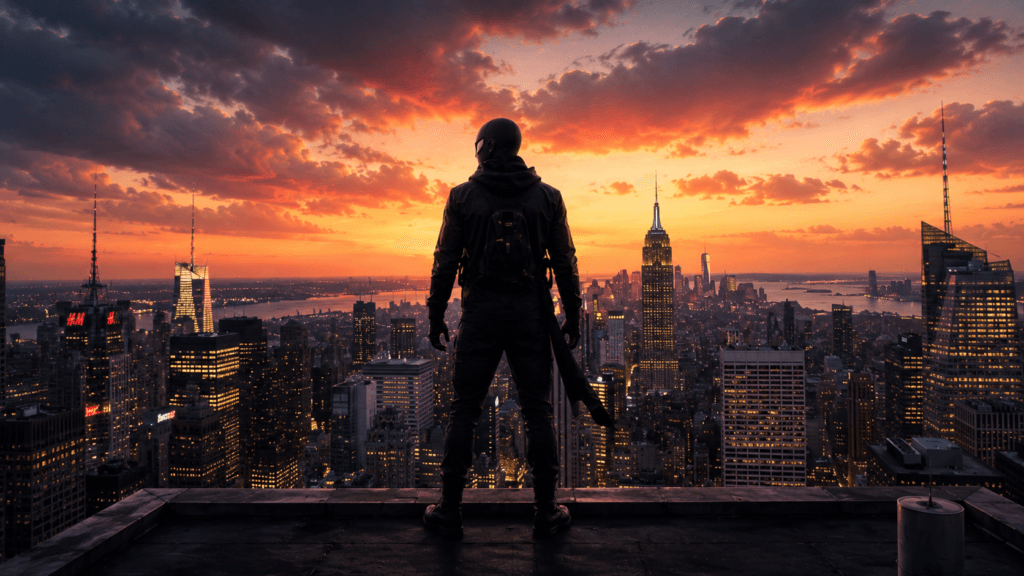 Spider Man Post Credits explained with a masked superhero overlooking the New York skyline at sunset