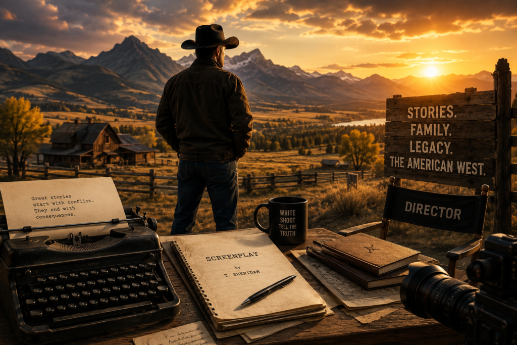 Original editorial illustration representing Taylor Sheridan's influence on modern Western television storytelling