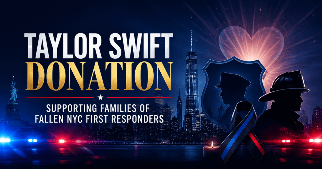 Editorial illustration of the Taylor Swift Donation story featuring the New York City skyline, memorial ribbon, police badge silhouette, firefighter silhouette, and emergency lights honoring fallen NYC first responders.
