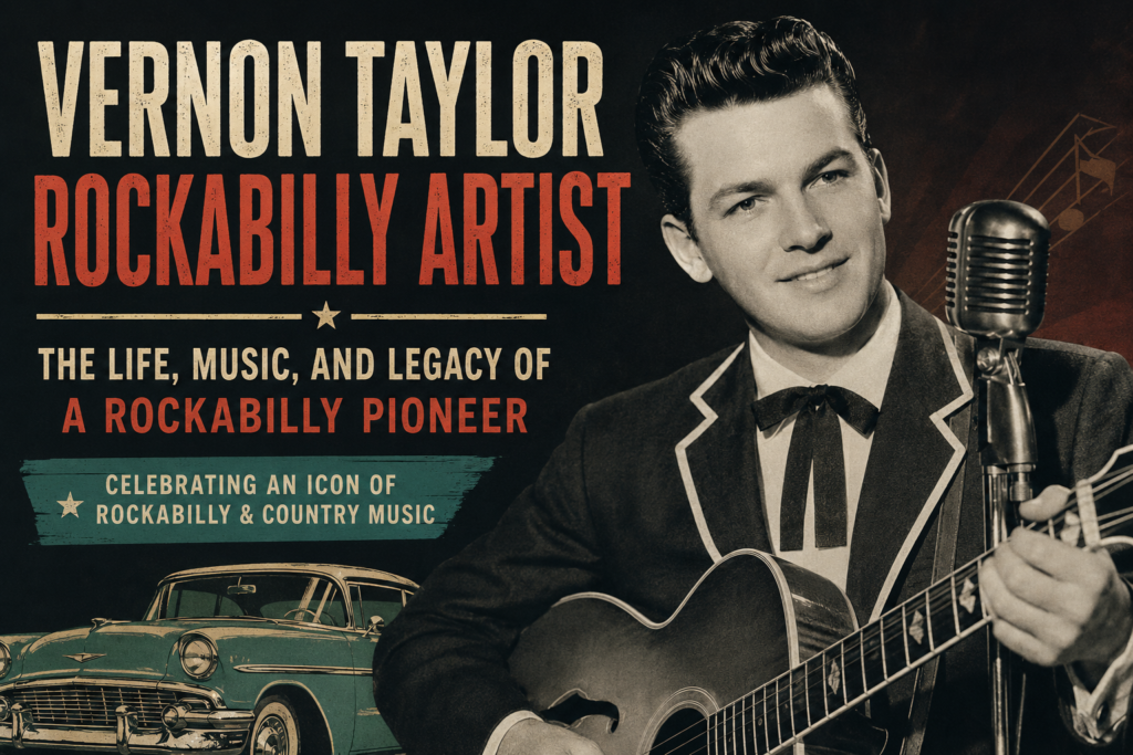 Vintage editorial portrait representing Vernon Taylor rockabilly artist with a classic microphone and guitar, symbolizing his contribution to American rockabilly music.