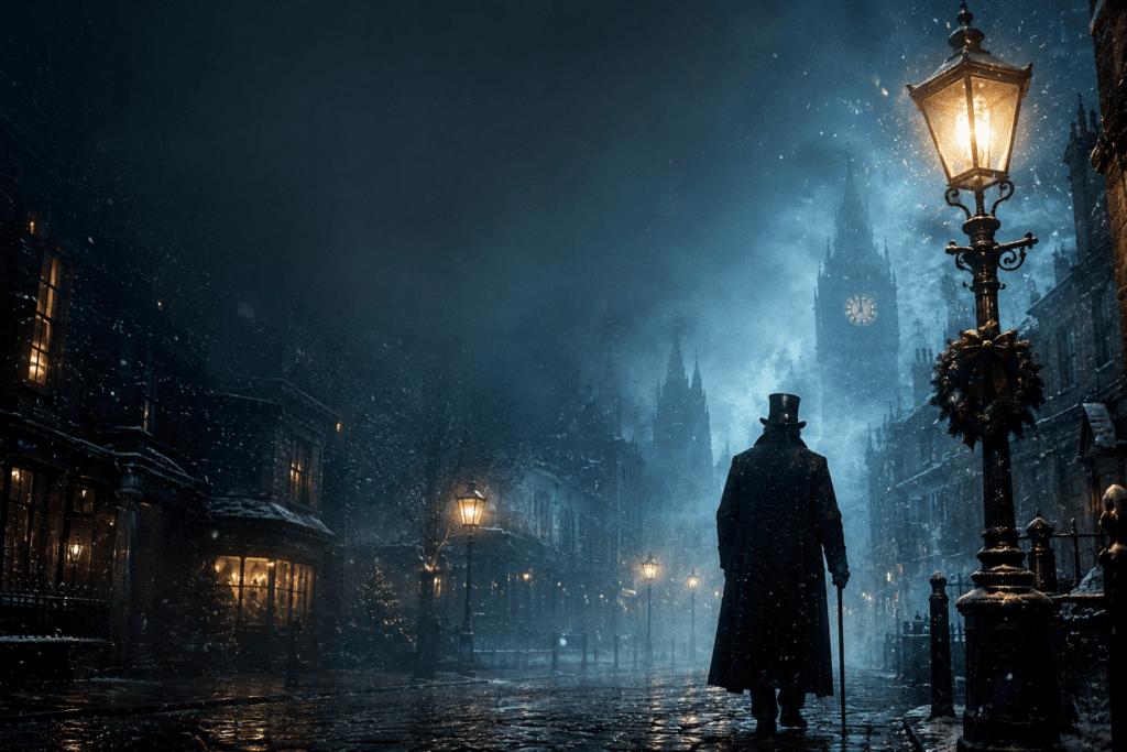 Victorian Gothic street with a mysterious elderly gentleman in silhouette walking through snow and fog, inspired by the atmosphere of the upcoming Ebenezer movie.