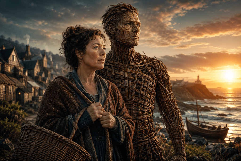 Alexander Skarsgård's wicker character standing beside Olivia Colman-inspired fisherwoman in a fantasy coastal setting.