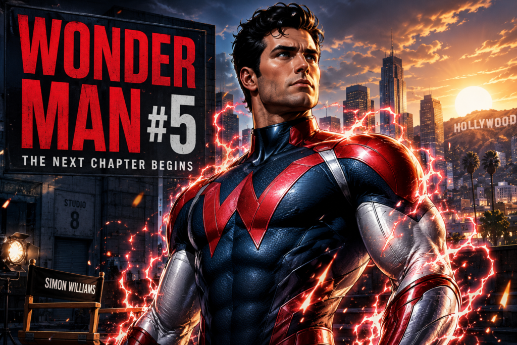 wonder man #5 inspired superhero artwork featuring Simon Williams in a cinematic city backdrop