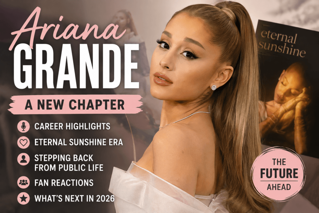 Ariana Grande featured image highlighting her career, Eternal Sunshine era, and public life in 2026.