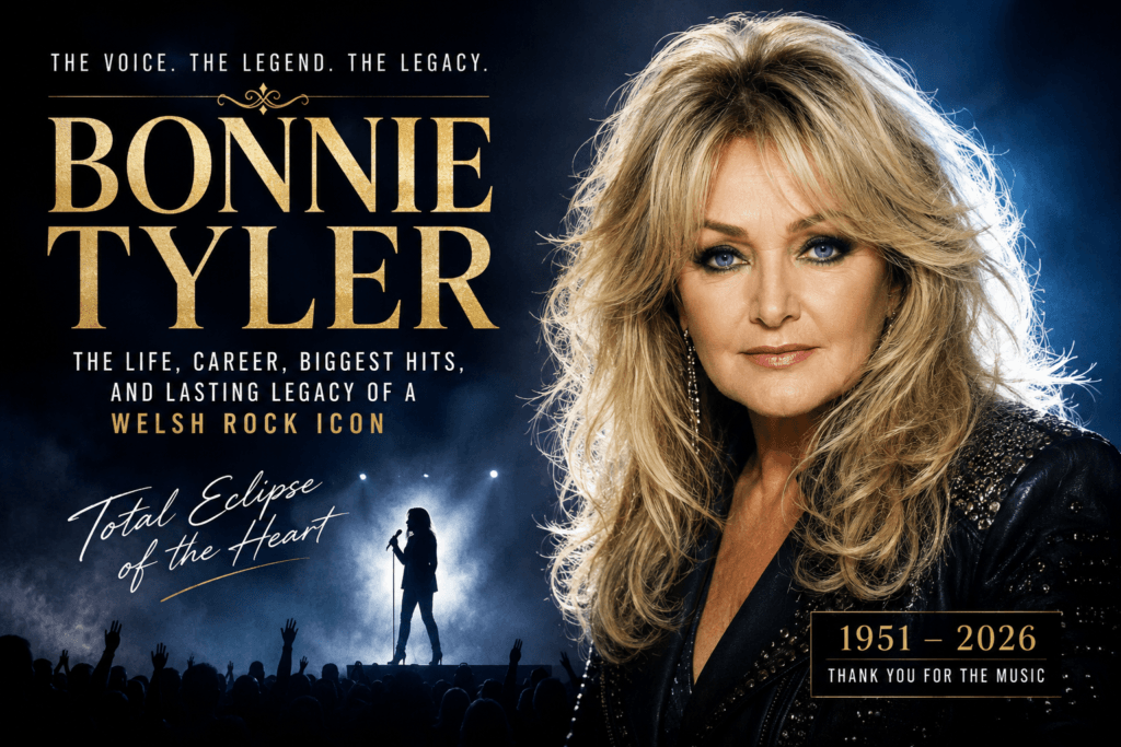Bonnie Tyler portrait celebrating her life, career, biggest hits, and lasting musical legacy