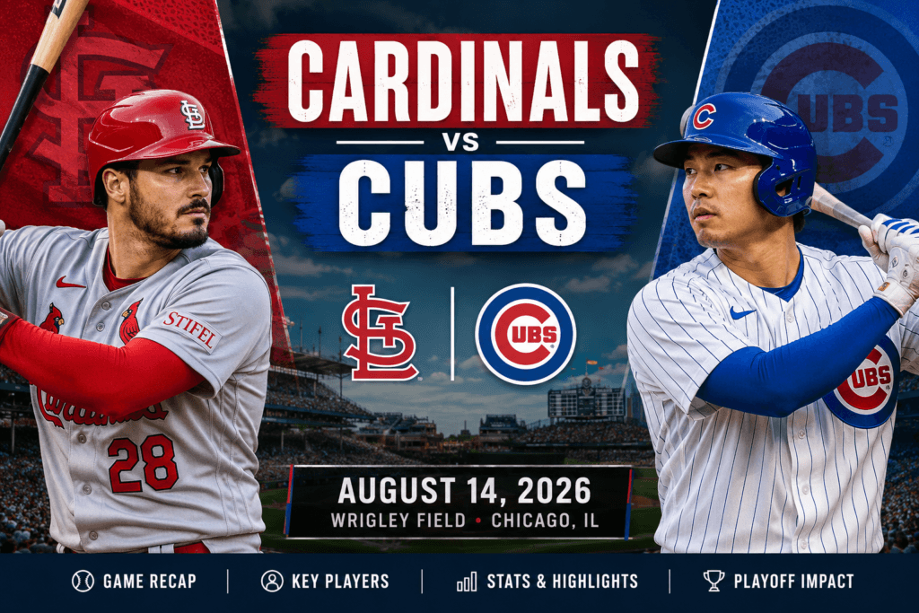 Cardinals vs Cubs August 14 2026 matchup at Wrigley Field featuring St. Louis Cardinals and Chicago Cubs players