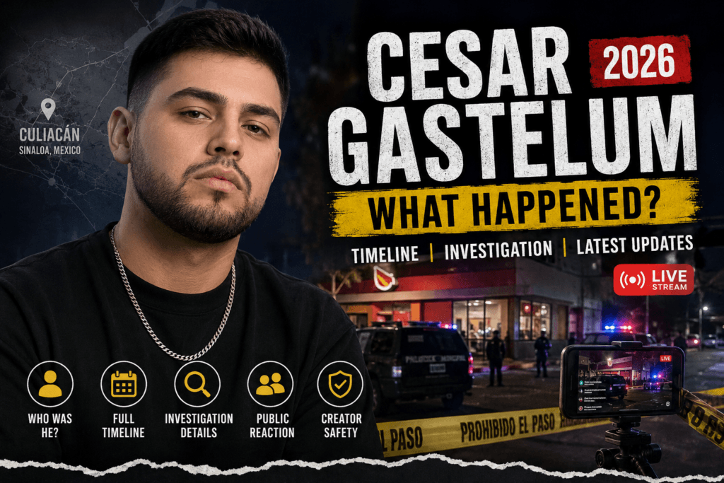 Editorial illustration representing Cesar Gastelum and the 2026 livestream incident with investigation and timeline highlights.