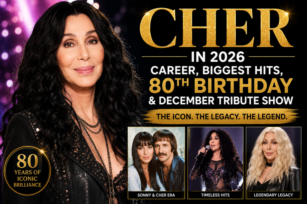 Cher in 2026 featured in a magazine-style graphic celebrating her career, biggest hits, 80th birthday, legacy, and December tribute show.