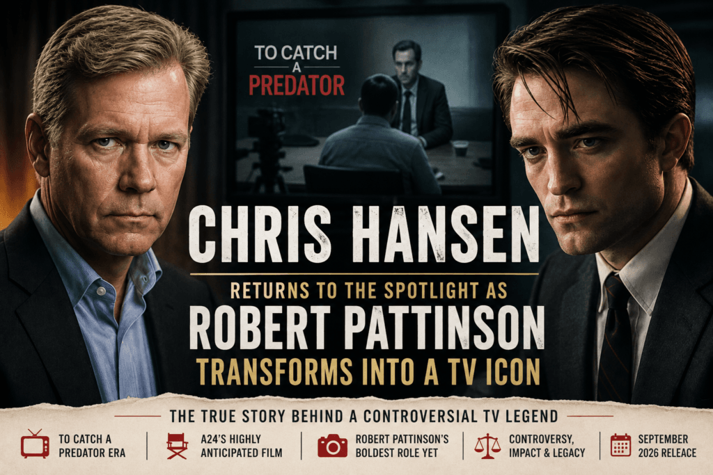 Chris Hansen alongside Robert Pattinson's transformation for A24's Primetime in a cinematic featured image inspired by the upcoming film.