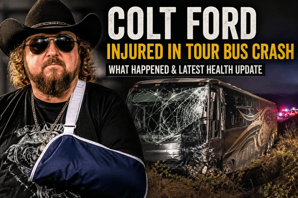 Colt Ford with an injured shoulder beside a damaged tour bus after a crash