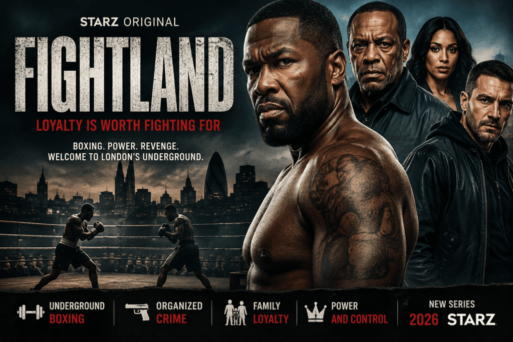 Fightland (2026) featured image showing the Starz crime drama set in London's underground boxing world with themes of crime, revenge, and redemption.
