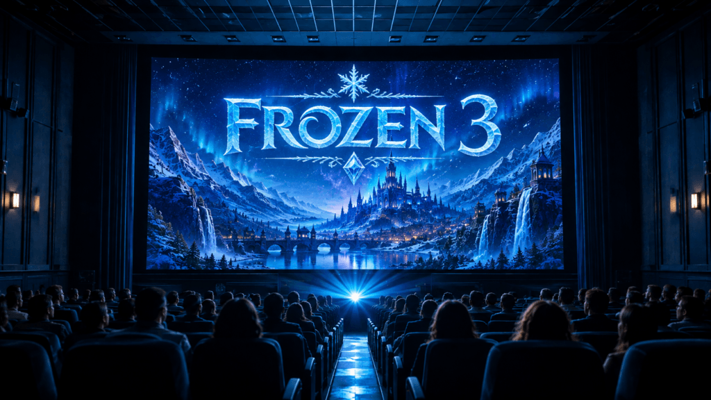 Movie theater screen showing an original winter fantasy scene for a Frozen 3 release date article