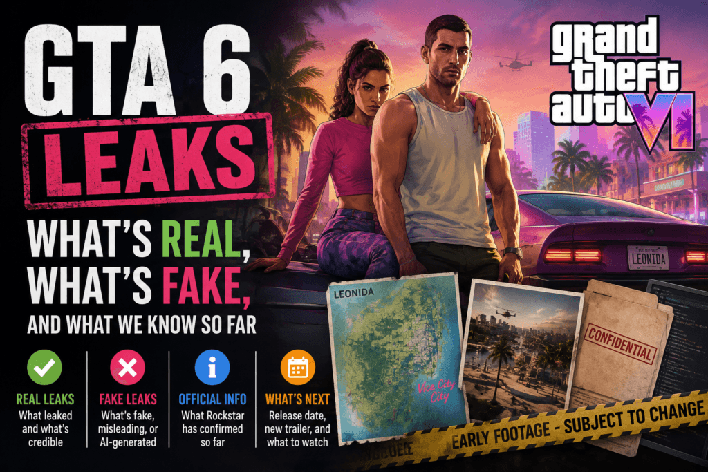 GTA 6 leaks featured image showing Vice City, Jason and Lucia, leaked gameplay imagery, and information about real and fake leaks