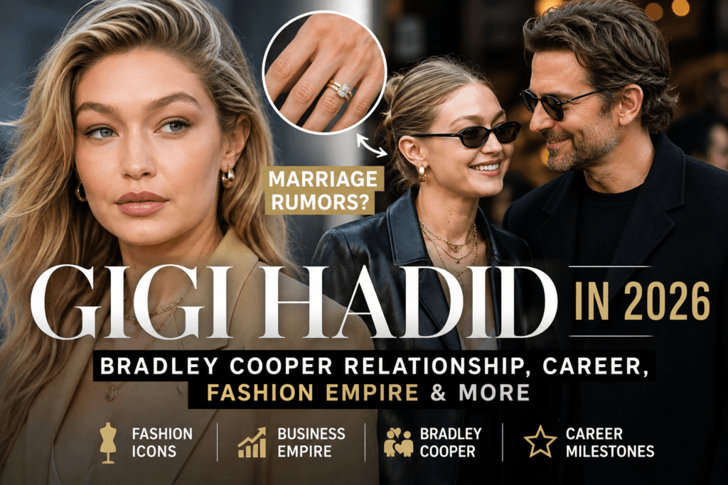 Gigi Hadid in 2026 featuring Bradley Cooper relationship rumors, fashion career, business empire, and latest celebrity news.
