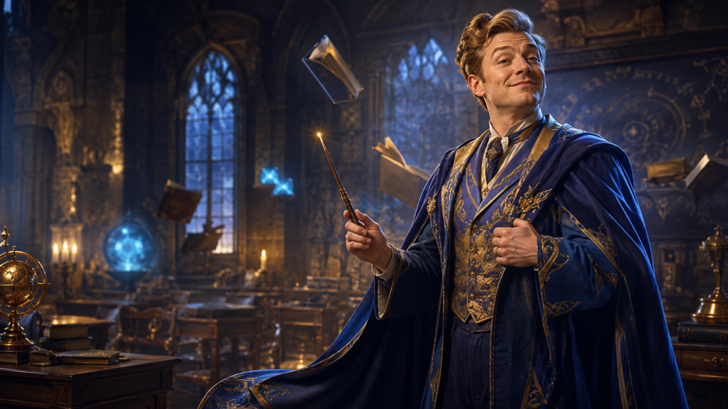 Gilderoy Lockhart-inspired wizard professor in a magical classroom for Harry Potter Season 2