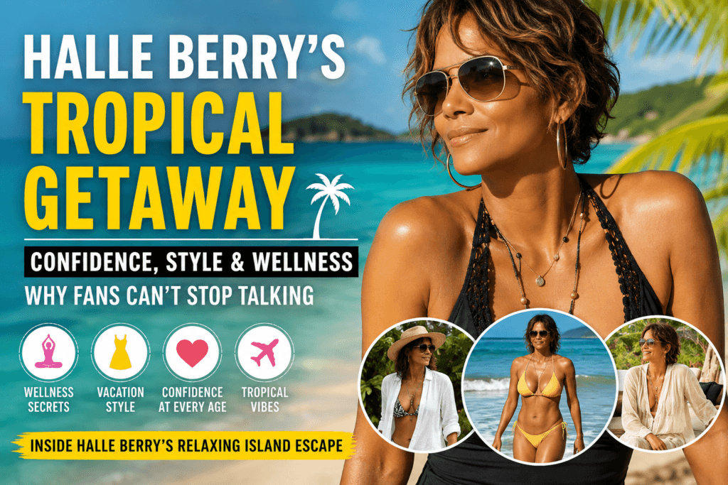 Halle Berry enjoying a tropical getaway while showcasing confidence, style, and wellness.