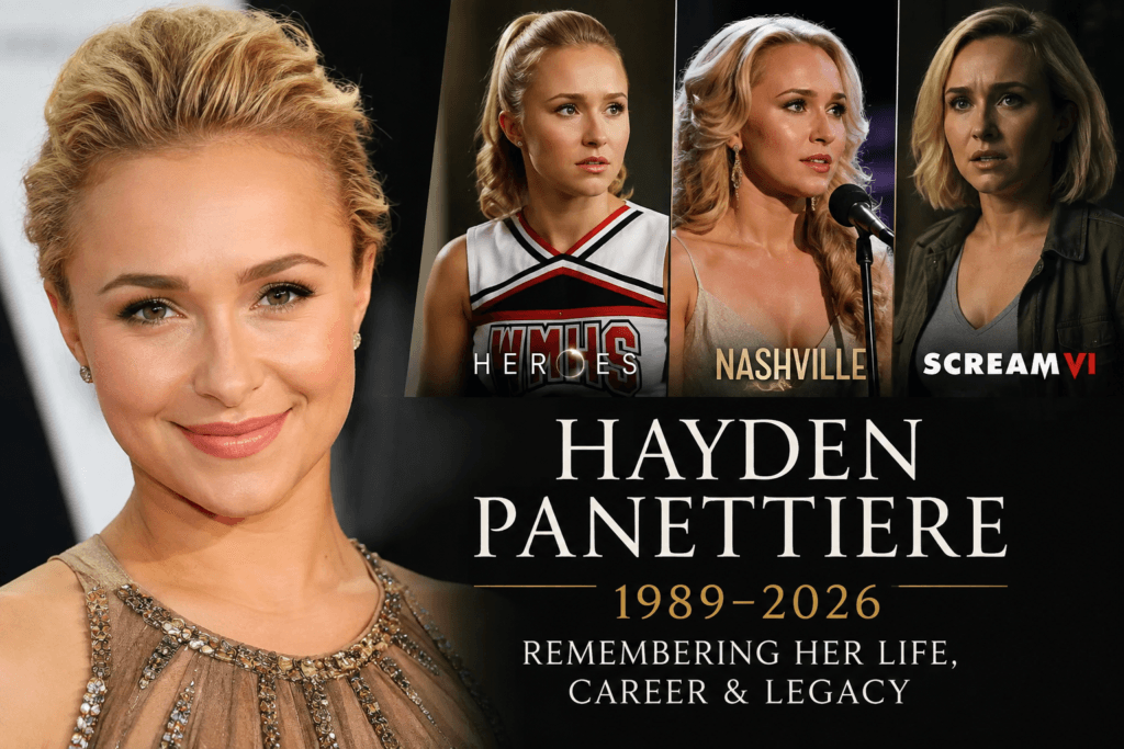 Hayden Panettiere memorial image highlighting her roles in Heroes and Nashville