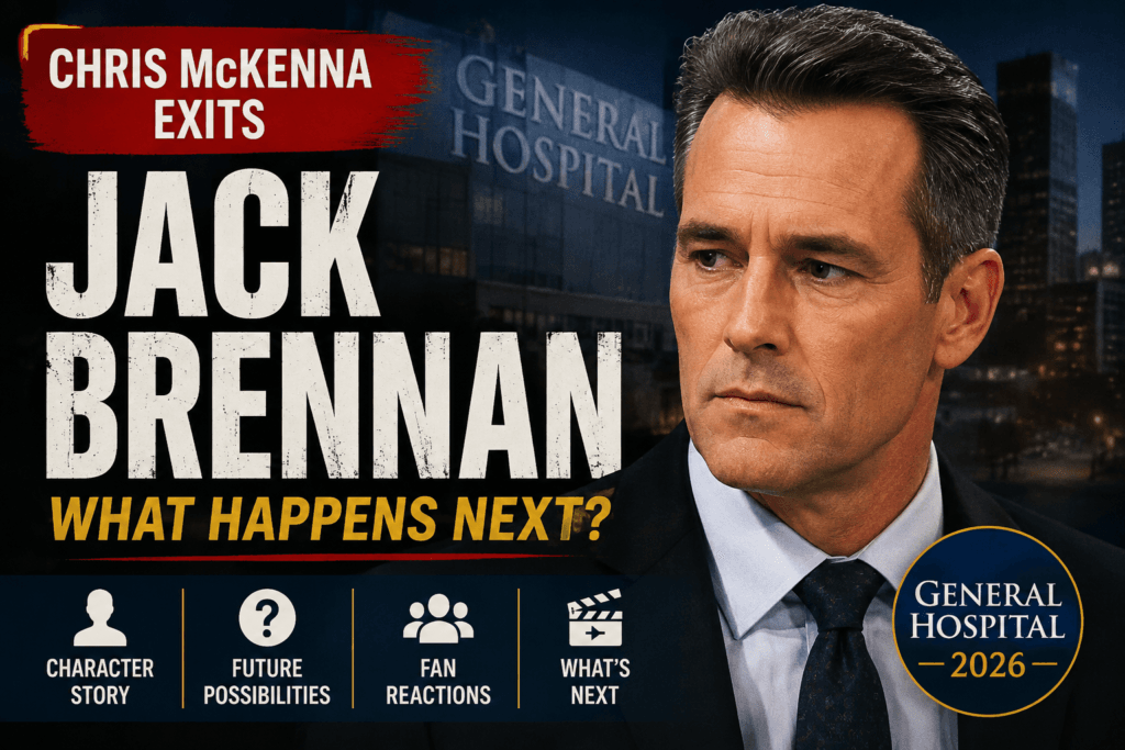 Jack Brennan featured in a news-style graphic about Chris McKenna's reported exit from General Hospital and the character's future.