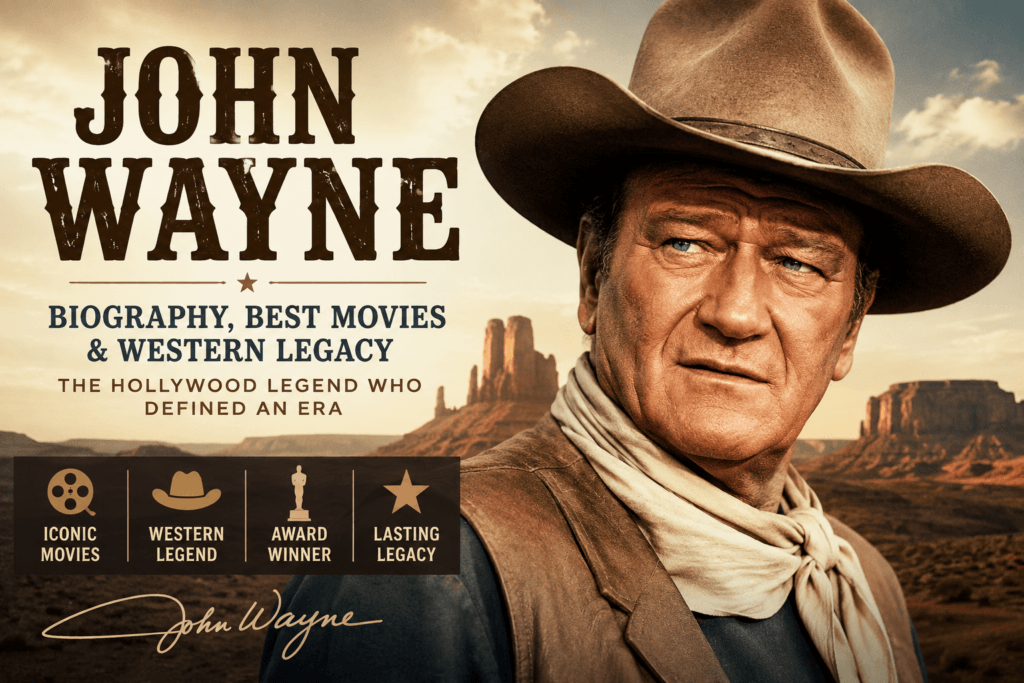 Editorial portrait of John Wayne with a Western desert backdrop, highlighting his biography, best movies, and lasting Hollywood legacy.