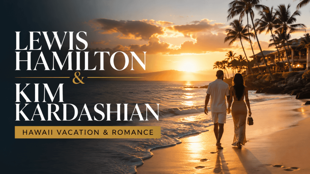 Lewis Hamilton and Kim Kardashian fictional silhouettes walking on a Hawaii beach at sunset