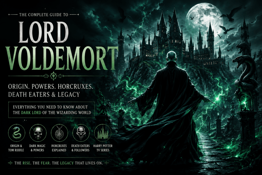 Illustration of Lord Voldemort with a dark castle, green magical energy, and the Wizarding World in the background.