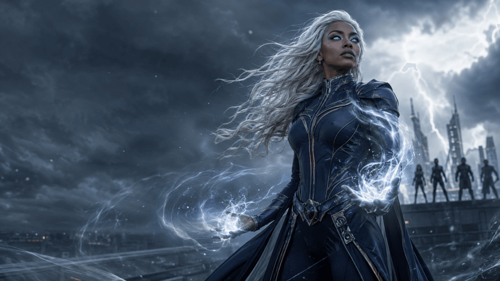 Fictional female superhero inspired by Maya Boyd as Storm on a futuristic rooftop during a supernatural thunderstorm