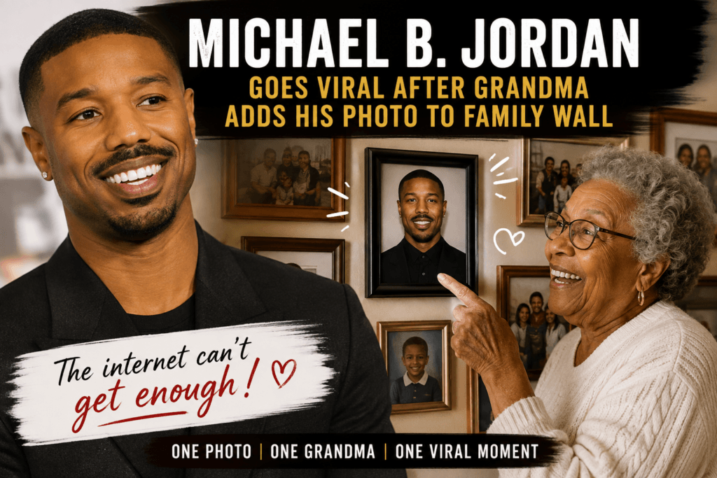 Michael B. Jordan smiling while a grandmother points to his framed photo displayed on her family photo wall in a viral social media moment.