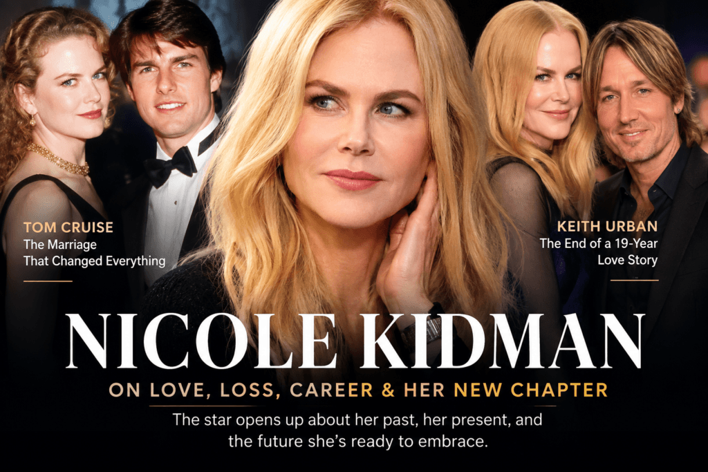 Nicole Kidman featured in a magazine-style graphic about her Tom Cruise marriage, Keith Urban divorce and new chapter