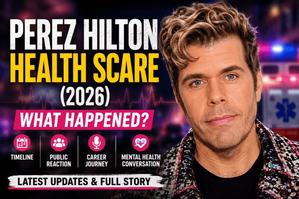 Perez Hilton featured in a 2026 news graphic about his health scare, latest updates, career, and public reaction.