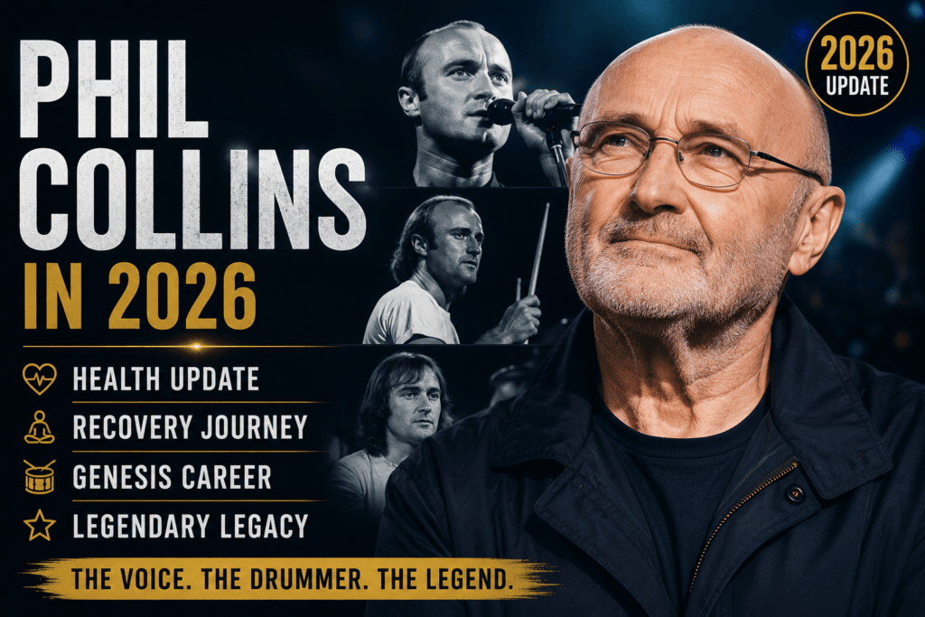 Phil Collins featured image highlighting his 2026 health update, recovery journey, Genesis career, and lasting music legacy.